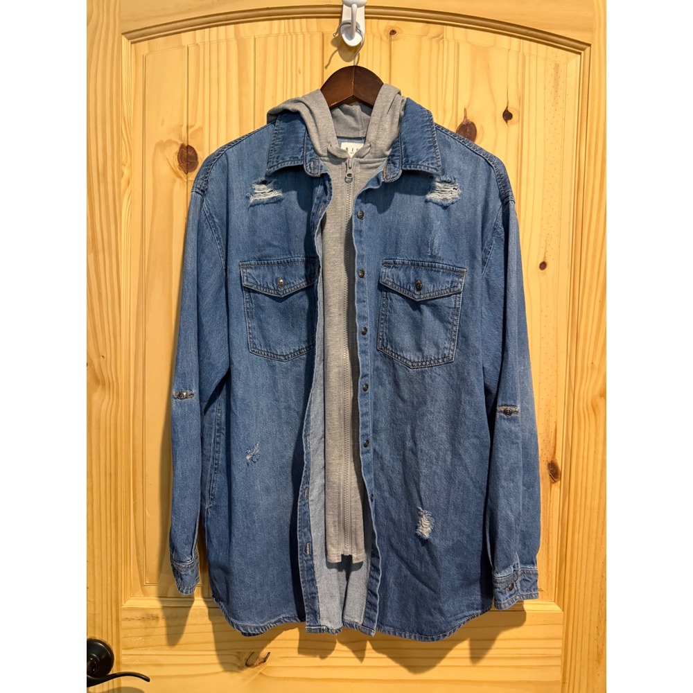 Risen Los Angeles Distressed Denim Shirt Hooded Layered Look Blue Medium